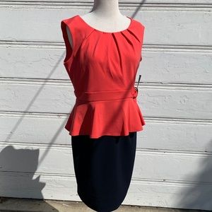 Enfocus Studio Coral & Navy Peplum Dress Sz 8 NWT